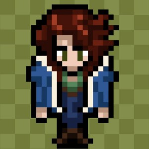 A cute 8-bit art format of a girl with wild red hair.