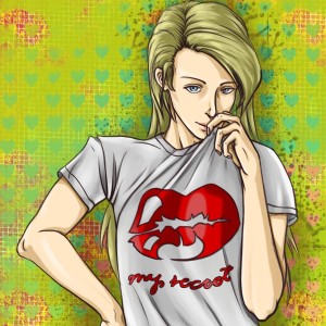 Digital art of a feminine blonde character wearing a smirk and a shirt that says 'my secret'.