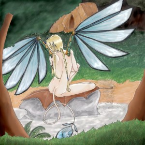 Fairy with locust-like wings and tail bathes in the middle of a lake.