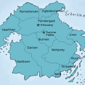 Geographical fantasy map with color coded regions.