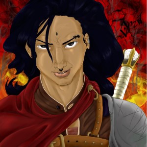 Angry red background behind a dark-haired mercenary with an evil smirk.