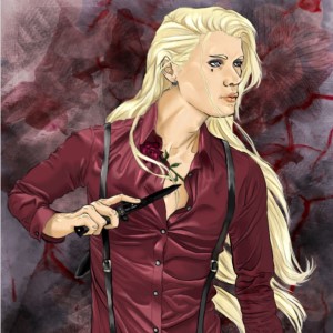 Digital art of blonde man with fashionable clothes in threatening posture with a knife.