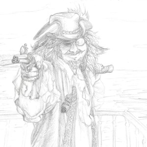 Scanned pencil sketch of pirate smirking, aiming musket at viewer.