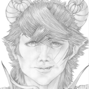 Pencil sketch of a man with pointed teeth and horns in fantasy armor, portrait.