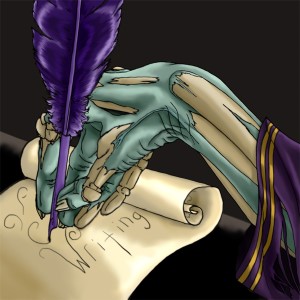 A greenish skeletal hand with bone showing through the wrist writes on scroll with a quill.