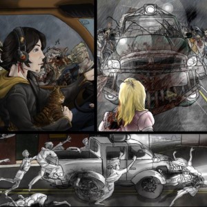 4-panel comic page, a girlish person wearing headphones drives through a storm and zombies.